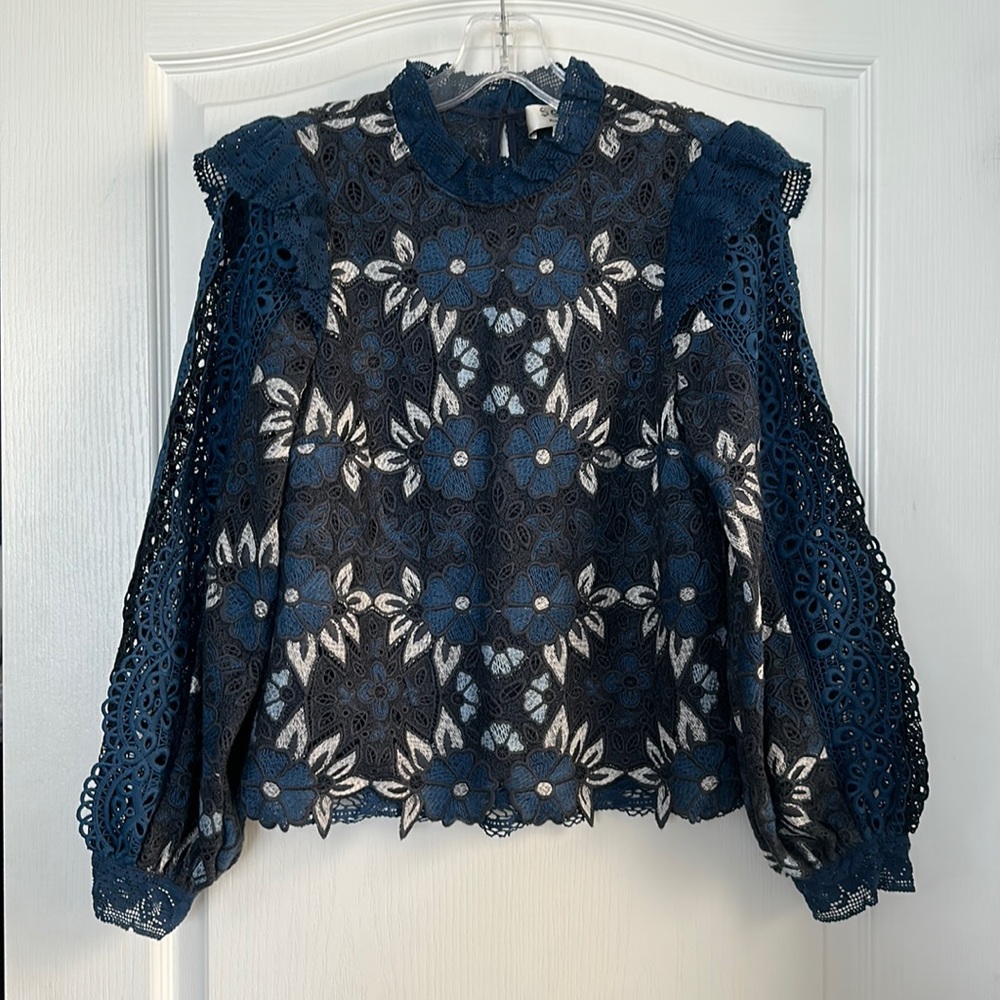 Sea New York Ruffle Neck Long Sleeve Floral Lace Oversized Blouse - Blue Size XS